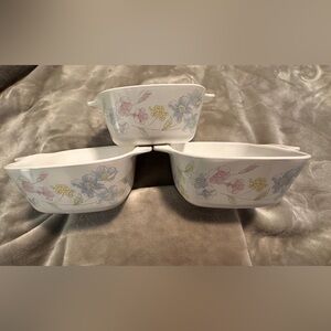 3 VTG 1989 Corning Ware Pastel Bouquet Square Casserole‎ Dishes P- 43-B 700mL